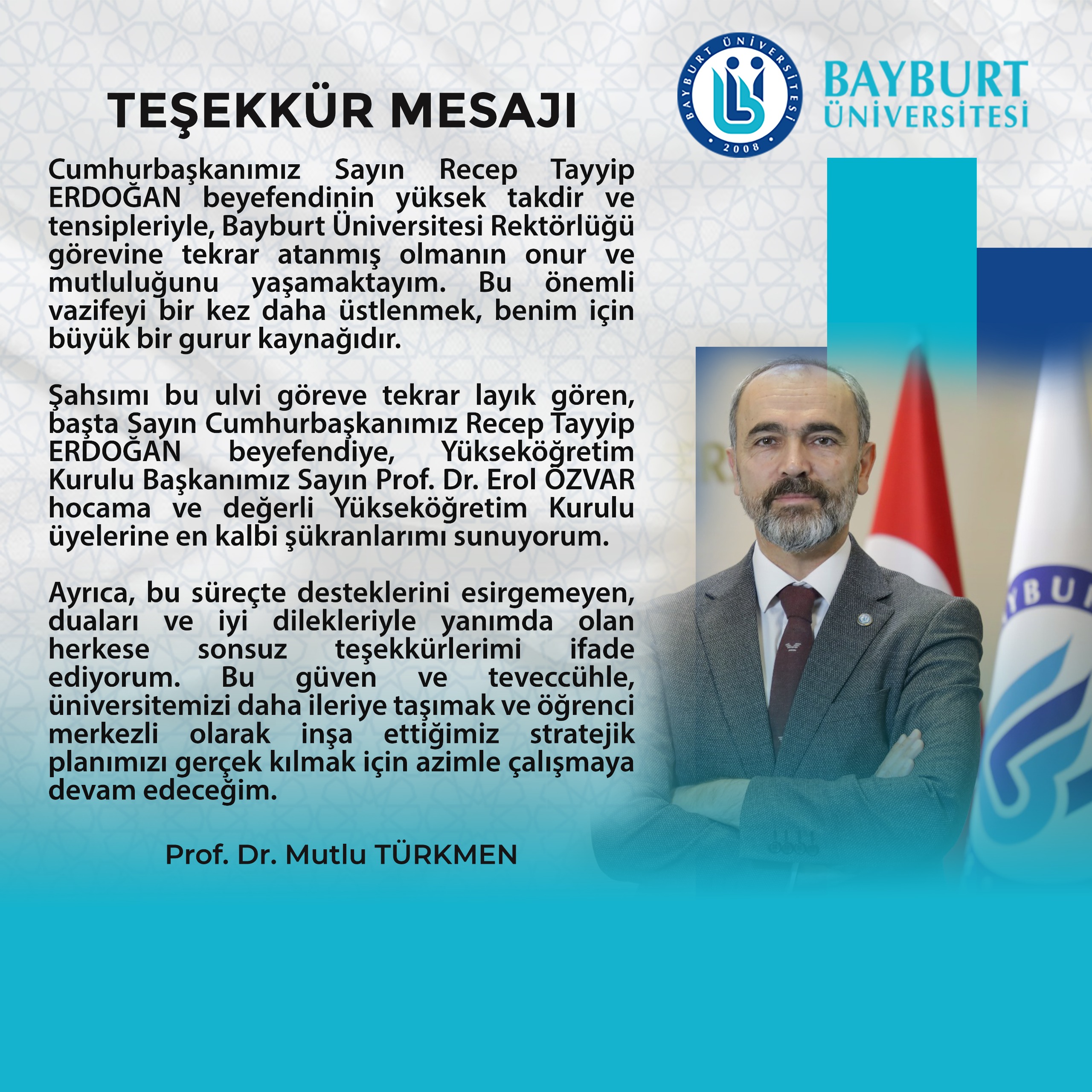 Rektörümüz Prof. Dr. Mutlu Türkmen Cumhurbaşkanlığı Kararnamesiyle Yeniden Rektörlüğe Atandı